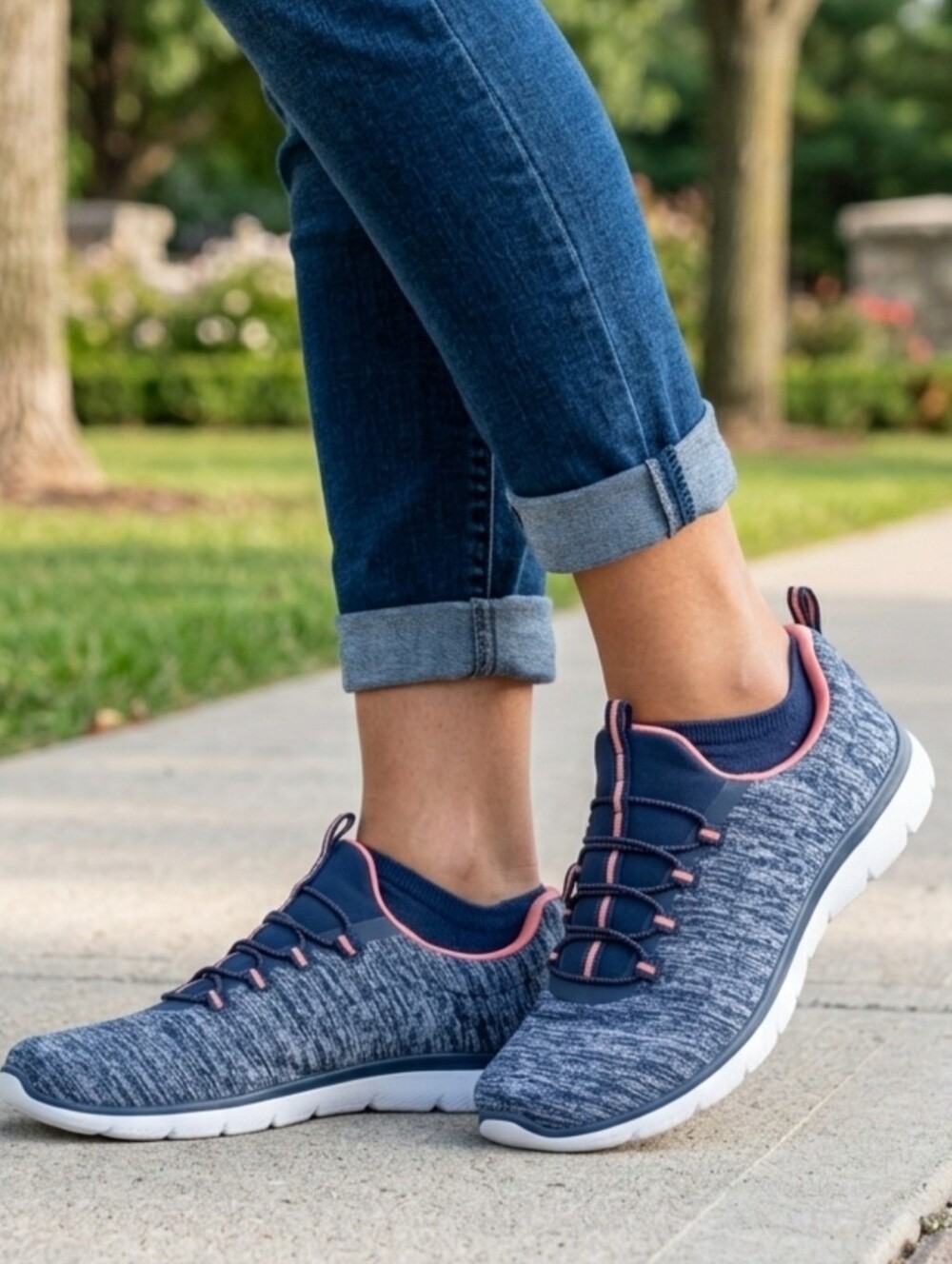 Athletic Works Navy Knit Bungee Slip On Sneakers Coral Trim Size 81/2 W